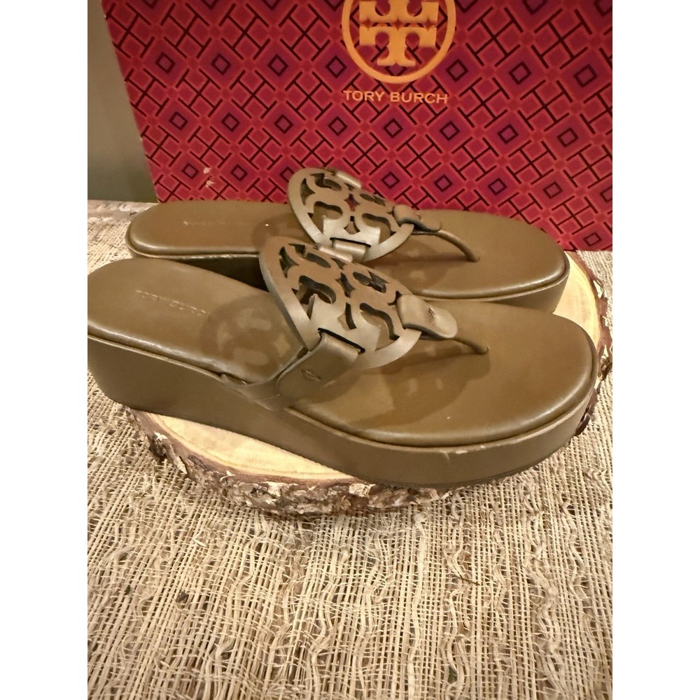 NEW TORY BURCH MILLER WEDGE 25mm BROWN LEATHER SANDALS 6M - Picture 4 of 10